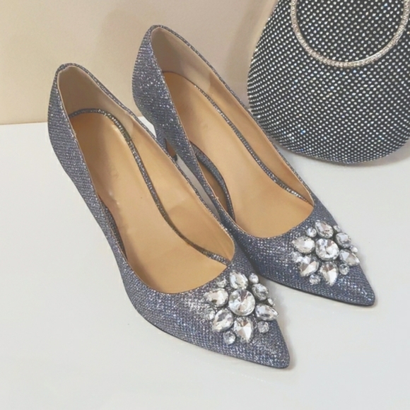Silver Glitter & Rhinestone Heels 8 EUC - Picture 1 of 9